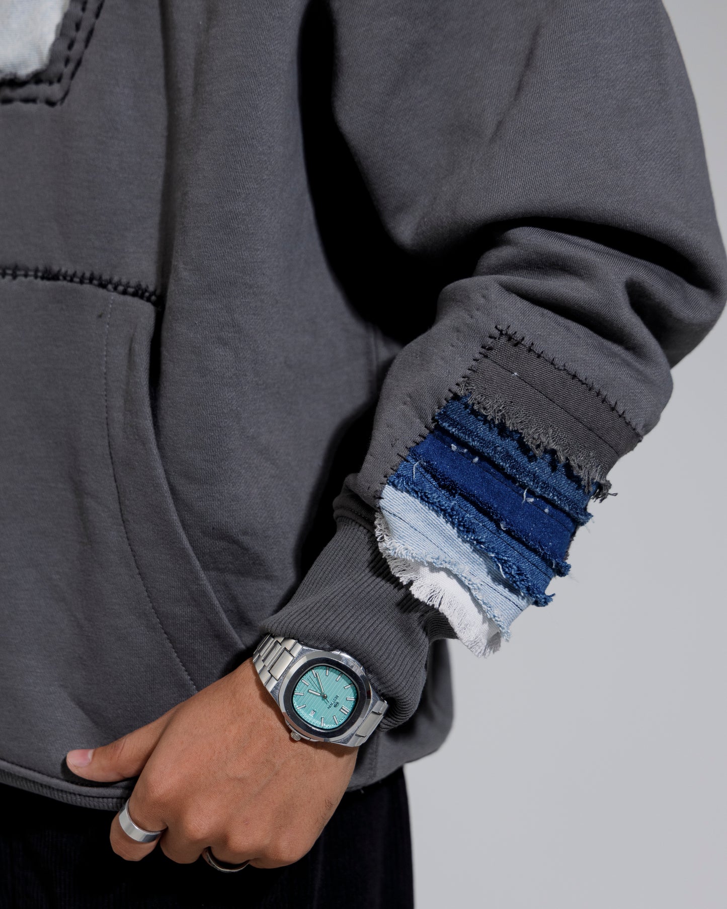The Assemblage Deconstructed Denim Patchwork Hoodie